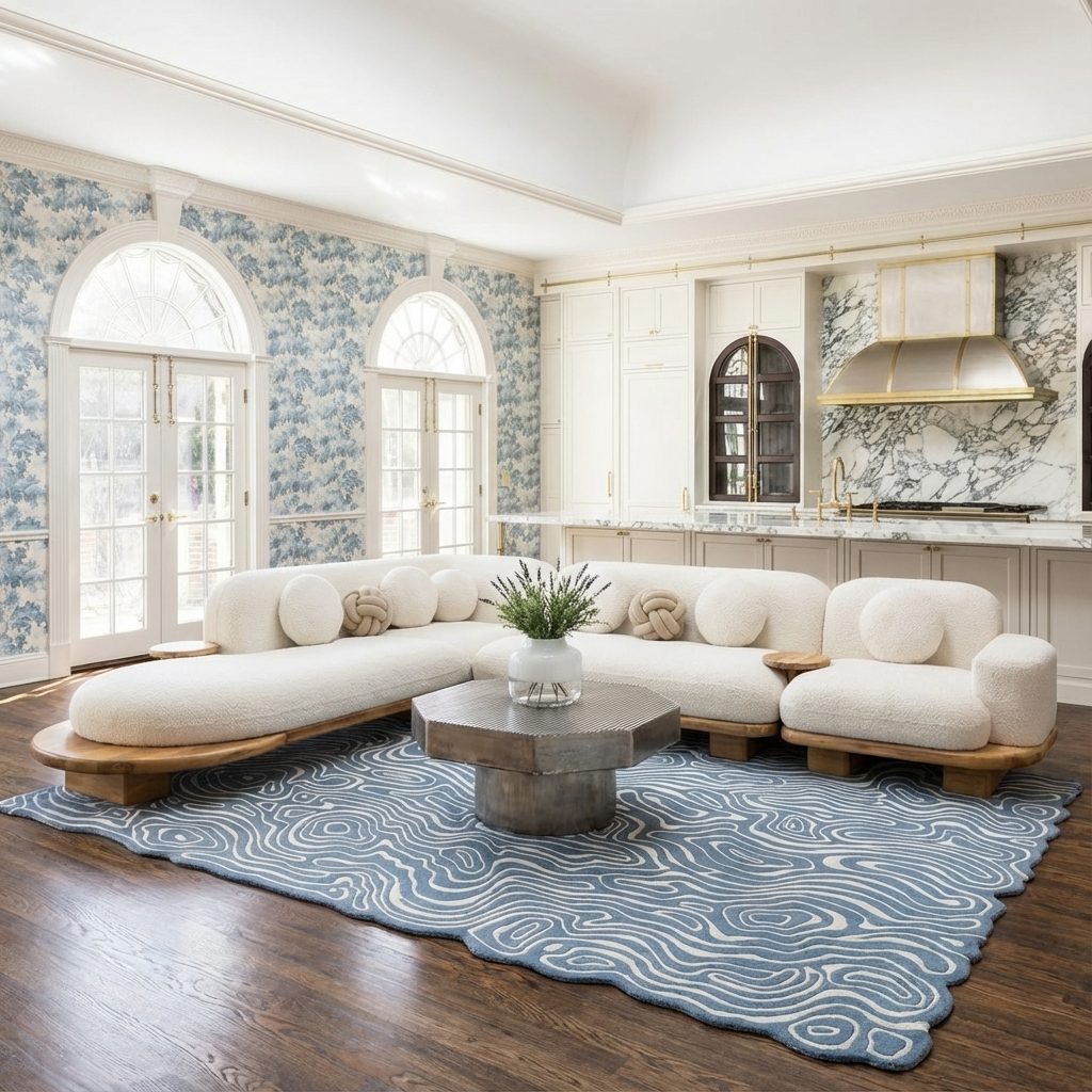 A bright coastal-chic living space — a large pale fabric sectional, a wood hand-knotted rug, a sculptural coffee table and an opal-white glass vase, in a light, airy palette