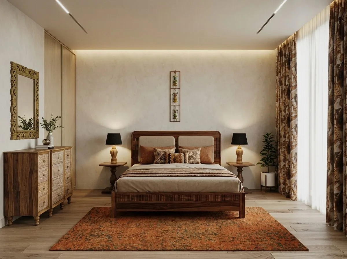 A warm bedroom with a carved sheesham wood bed with a beige upholstered headboard, matching pedestal side tables with two wooden-base table lamps with black shades, an orange-rust patterned rug, a carved wood chest of drawers with a gold carved mirror, a vertical metal wall piece with three small figures, a potted plant and printed floor-length curtains, with soft light along the ceiling edge