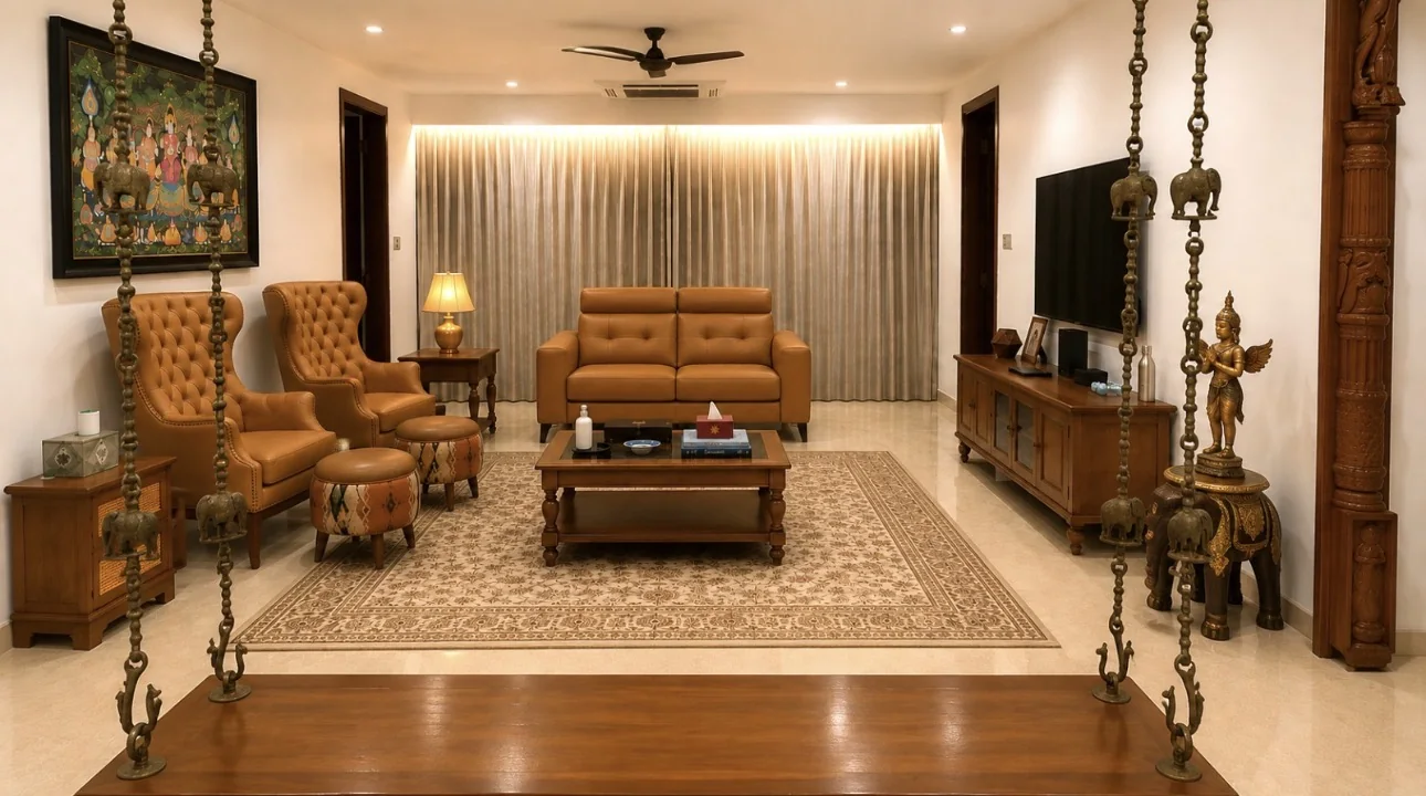 The living room as planned: two ergonomic armchairs, the carpet, the swing with brass ropes and the Indian pieces, rendered on her own room
