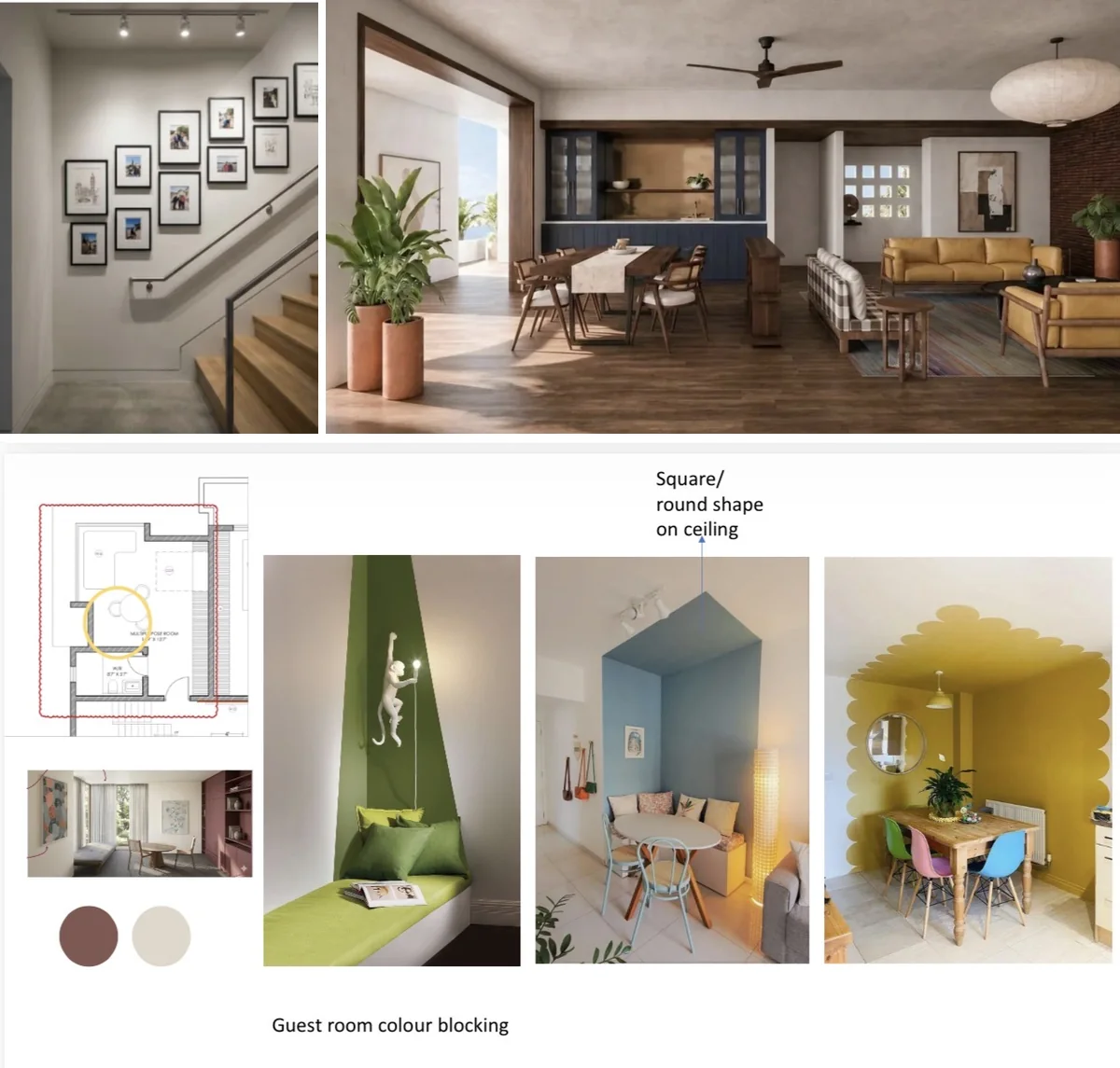 Three views of the plan: the photo wall on the staircase, the living and dining room around the new furniture, and the colour-block options for the guest room