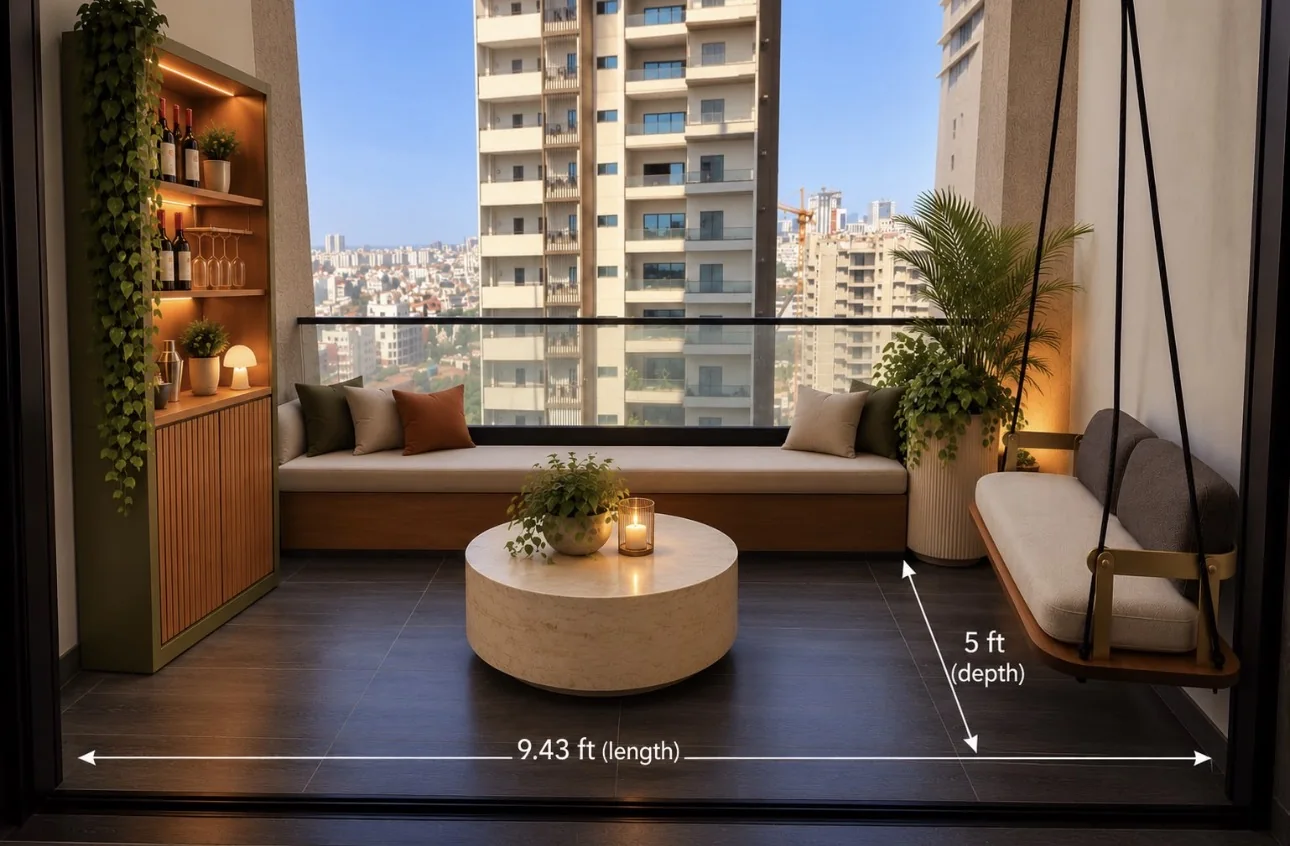 The balcony sit-out: low seating, the bar unit, planters and a swing, drawn to the balcony's 9.43 ft by 5 ft