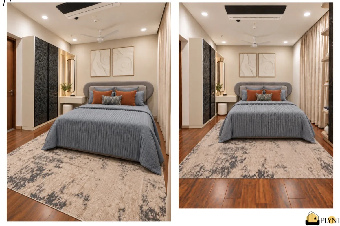 The bedroom with the dressing table, stool and mirror, and the long mirror staying