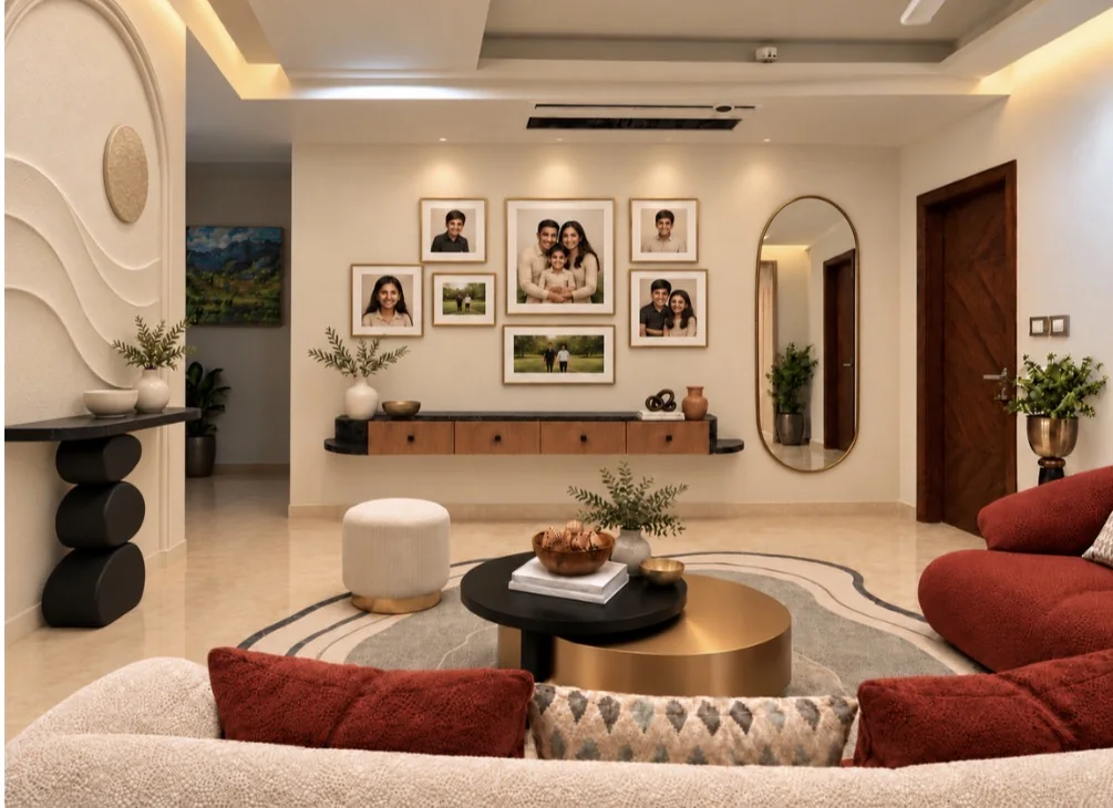 The living room with the family portraits on one wall