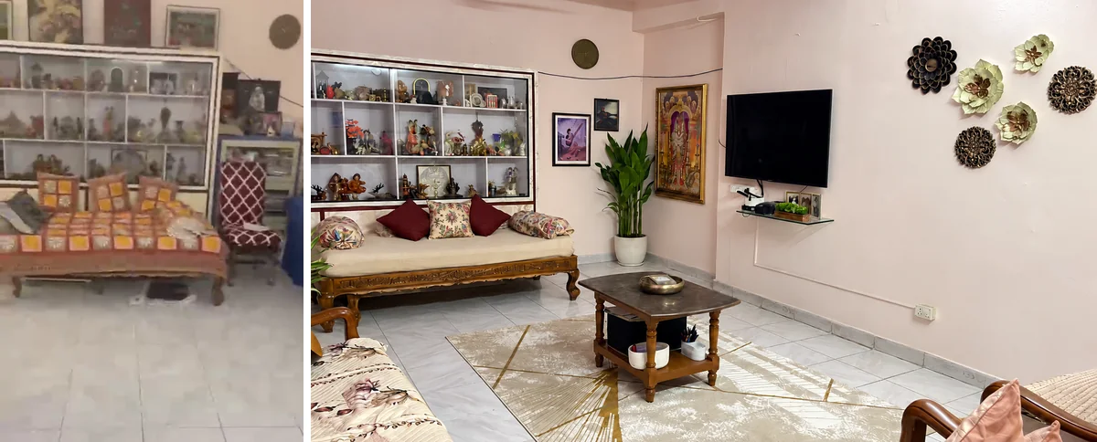 The parents' living room before and after the declutter and styling