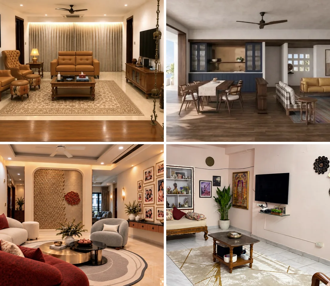 Four Indian homes styled by Plynth: a living room with ergonomic armchairs, a living and dining room in modern Indian style, an entrance feature wall, and a parents' living room