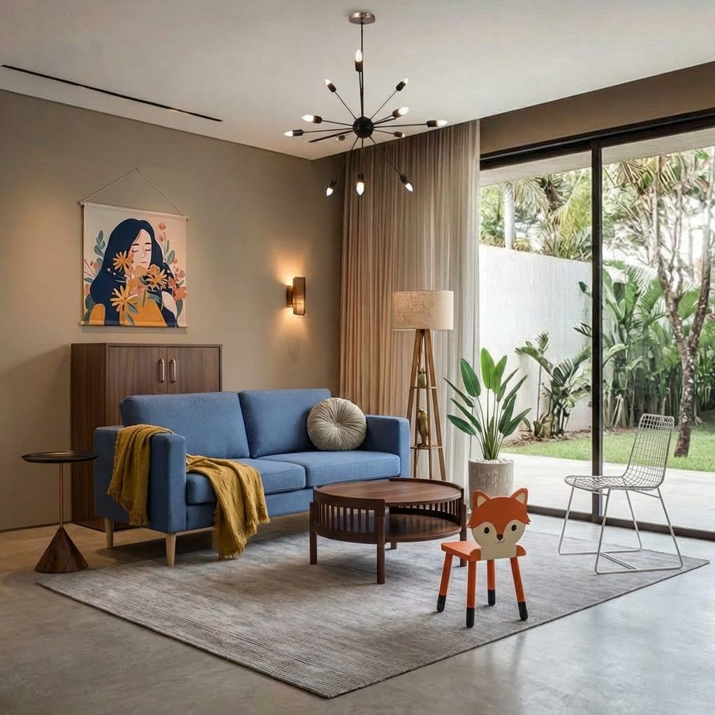 A modern-luxury living room grounded by a large patterned rug under the sofa and coffee table