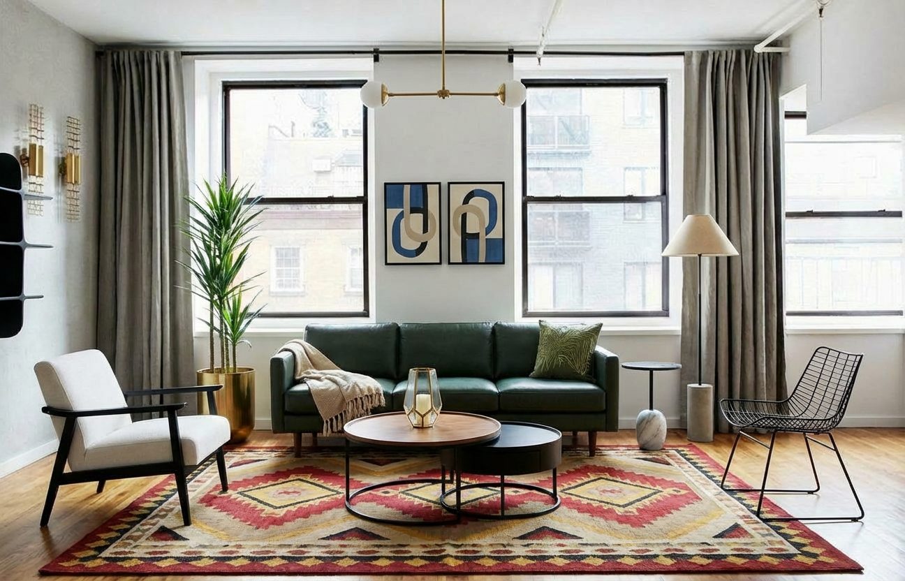 A warm, lamp-lit modern-luxury living room — a leather sofa, brass wall sconces, a floor lamp and a statement chandelier, all in warm light