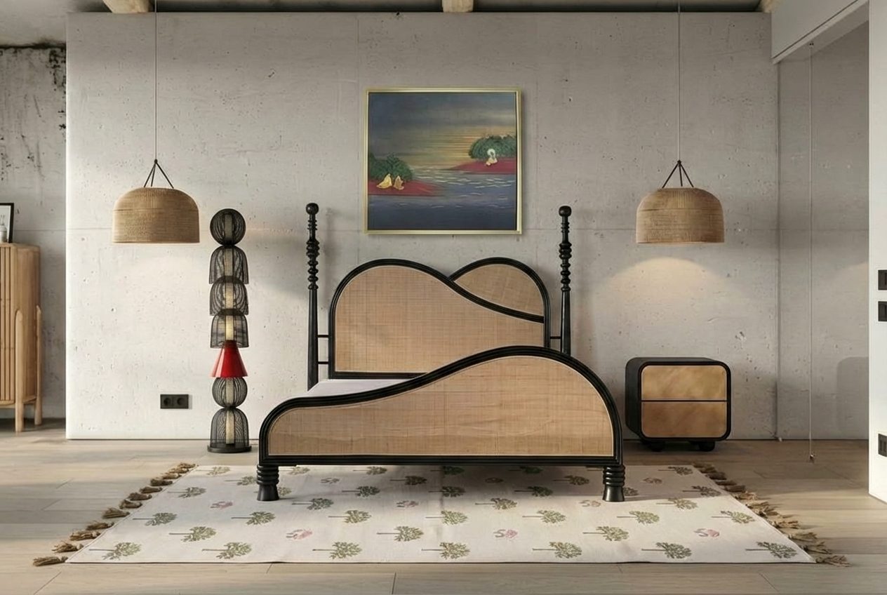 A calm bedroom with a black-framed cane bed against a concrete wall, twin woven dome pendants, a block-print cotton rug, and a soft sunset painting over the headboard