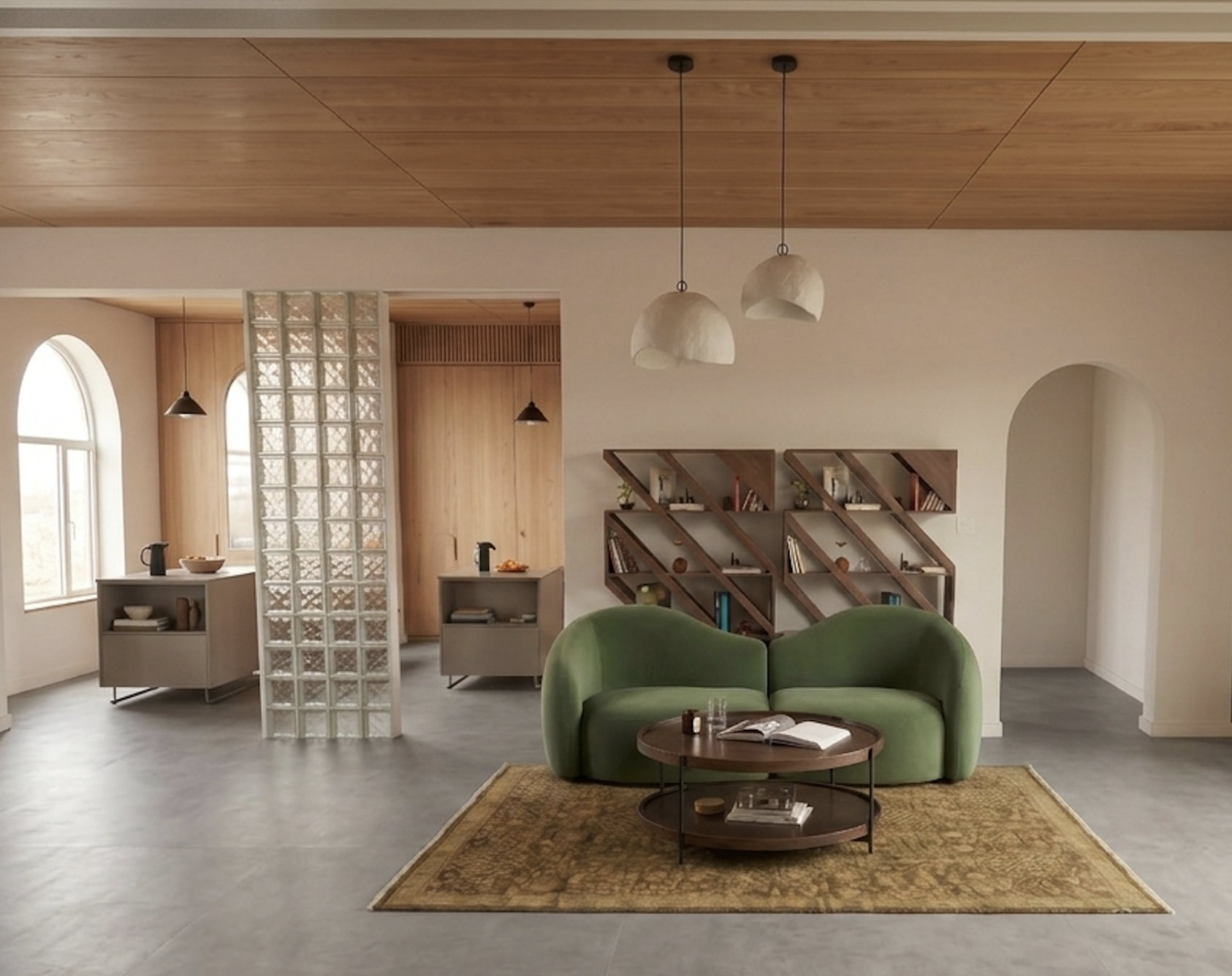 A green curved sofa pulled forward from the wall, with shelving and a console visible in the layered space behind it