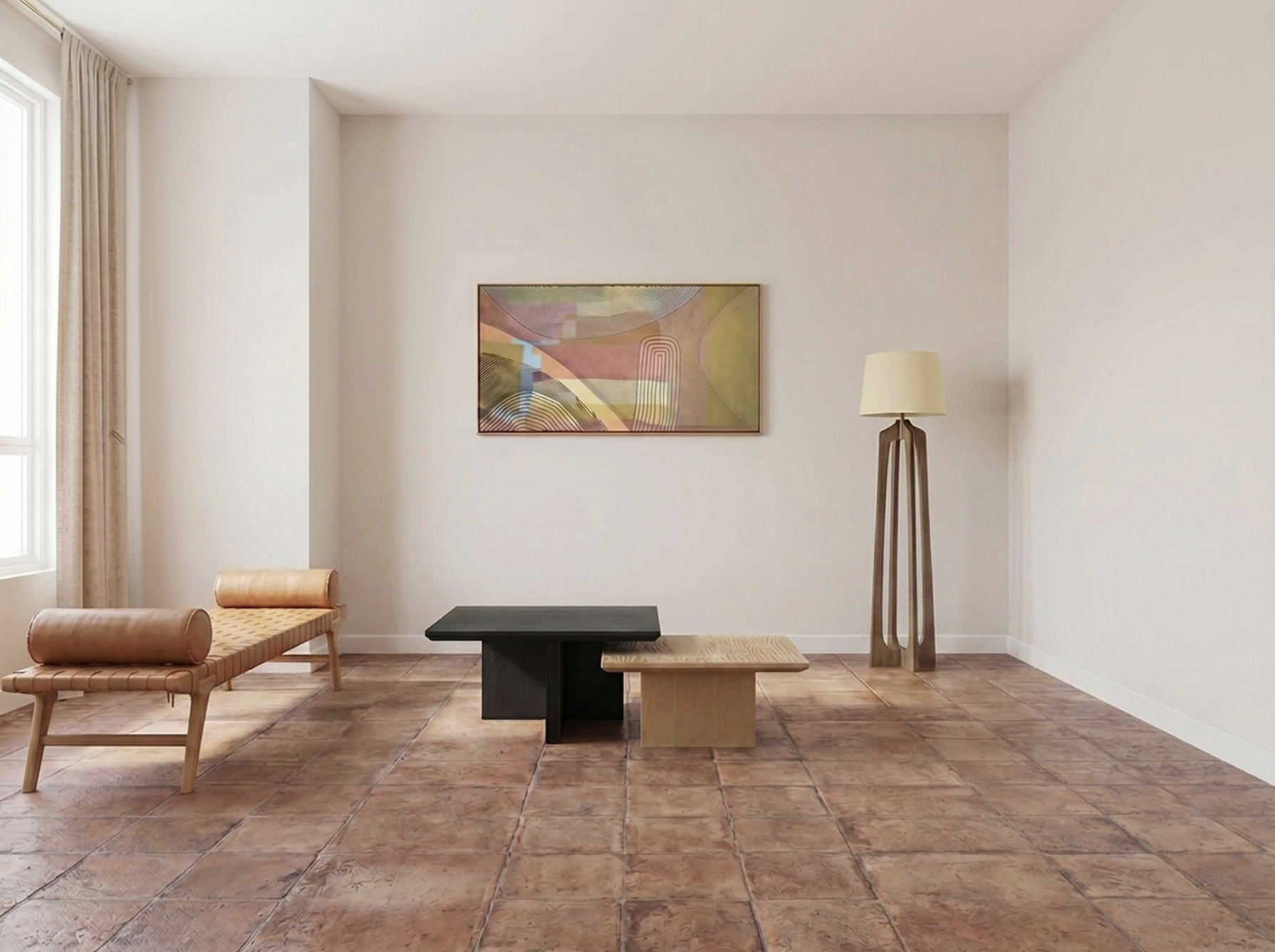 A pair of nesting tables in a light-filled room - one black, one wood - that can be tucked together to free up floor space