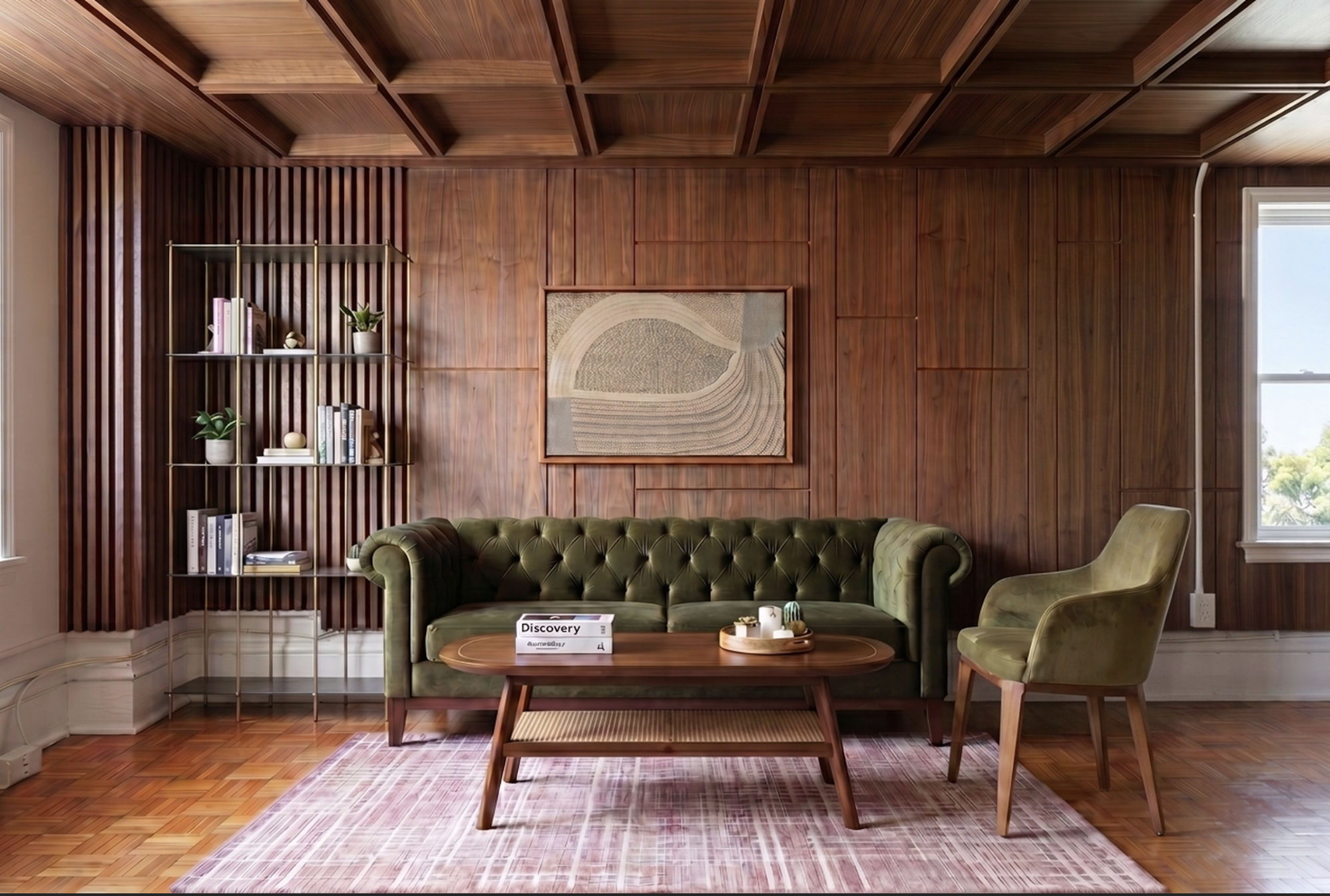 A green chesterfield sofa beside a tall floor-to-ceiling bookshelf in a wood-panelled room, using the full vertical height