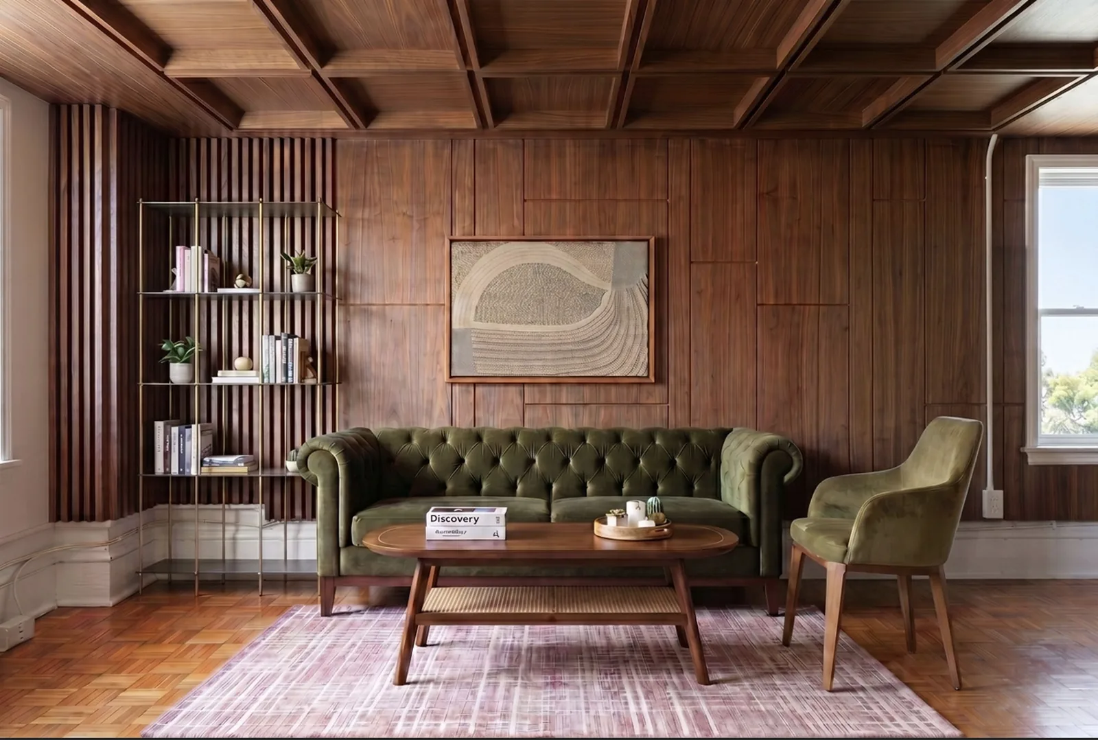 A green chesterfield sofa beside a tall floor-to-ceiling bookshelf in a wood-panelled room, using the full vertical height