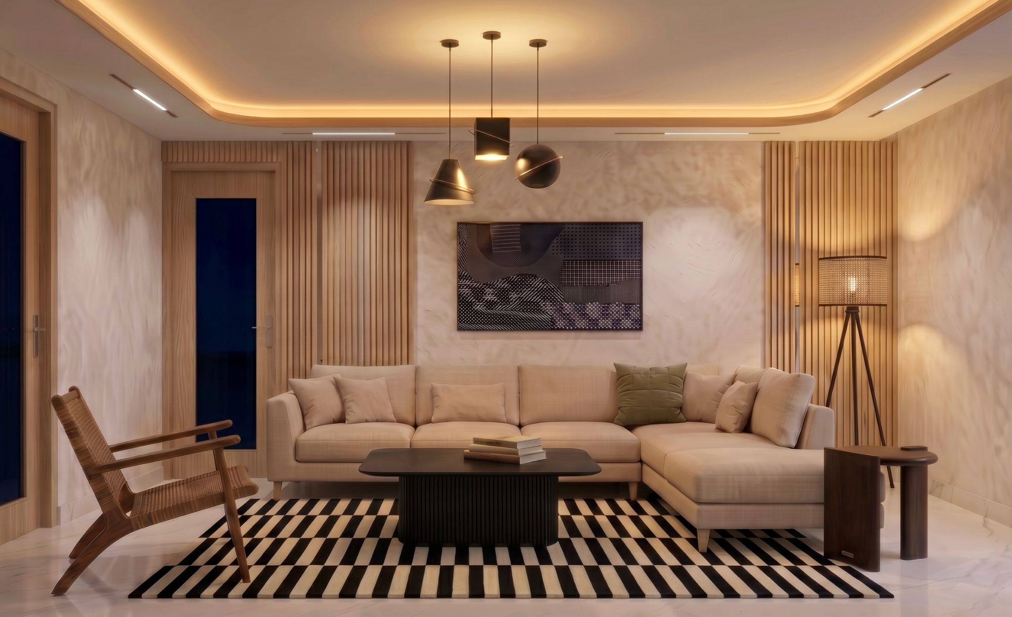 A living room with layered lighting - pendant lights, a corner floor lamp, and warm cove lighting - instead of a single central fixture
