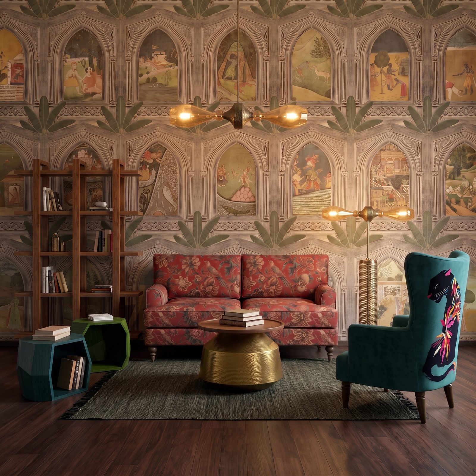 A maximalist Indian-contemporary living room - a red botanical-print two-seater, a teal velvet wingback chair with a painted panther, a hammered brass drum coffee table, and a wall of arched miniature-painting murals lit by warm brass pendants