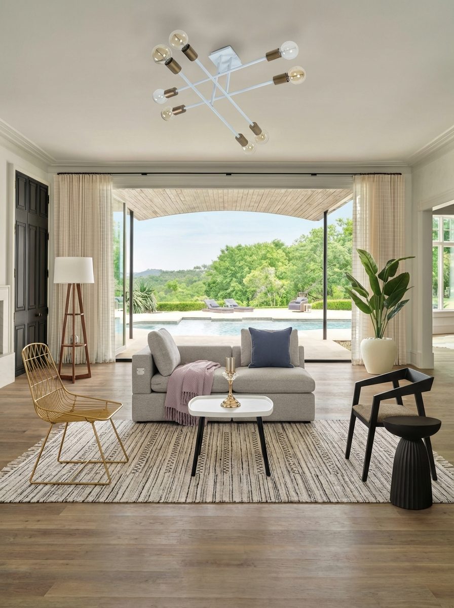 A pale modern-luxury living room styled for ₹1.27 lakh - a low modular sofa, a gold criss-cross accent chair, a white centre table, a hand-knotted Obeetee rug and a slim white sputnik chandelier