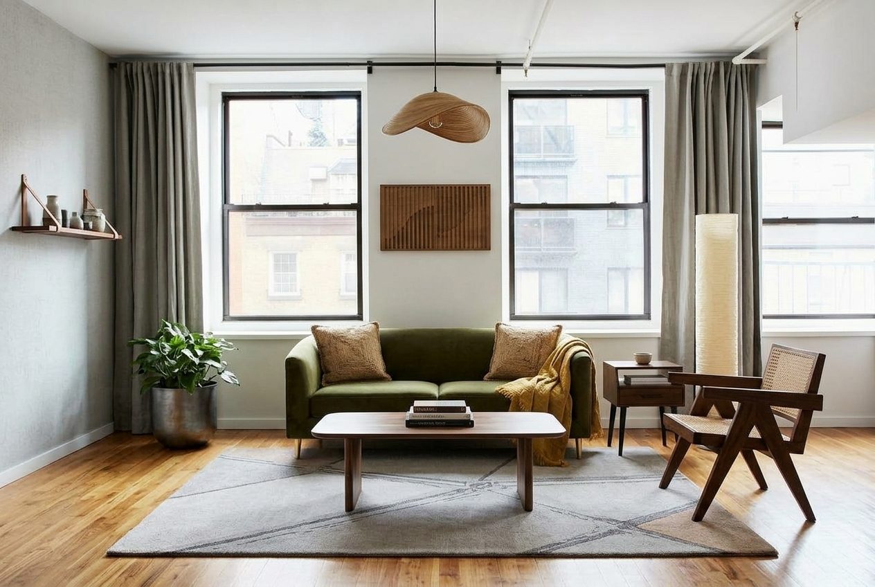 A calm Japandi living room — an olive-green velvet two-seater, a woven pendant, a cane-back walnut chair, a grey rug and a wall shelf with pale ceramics